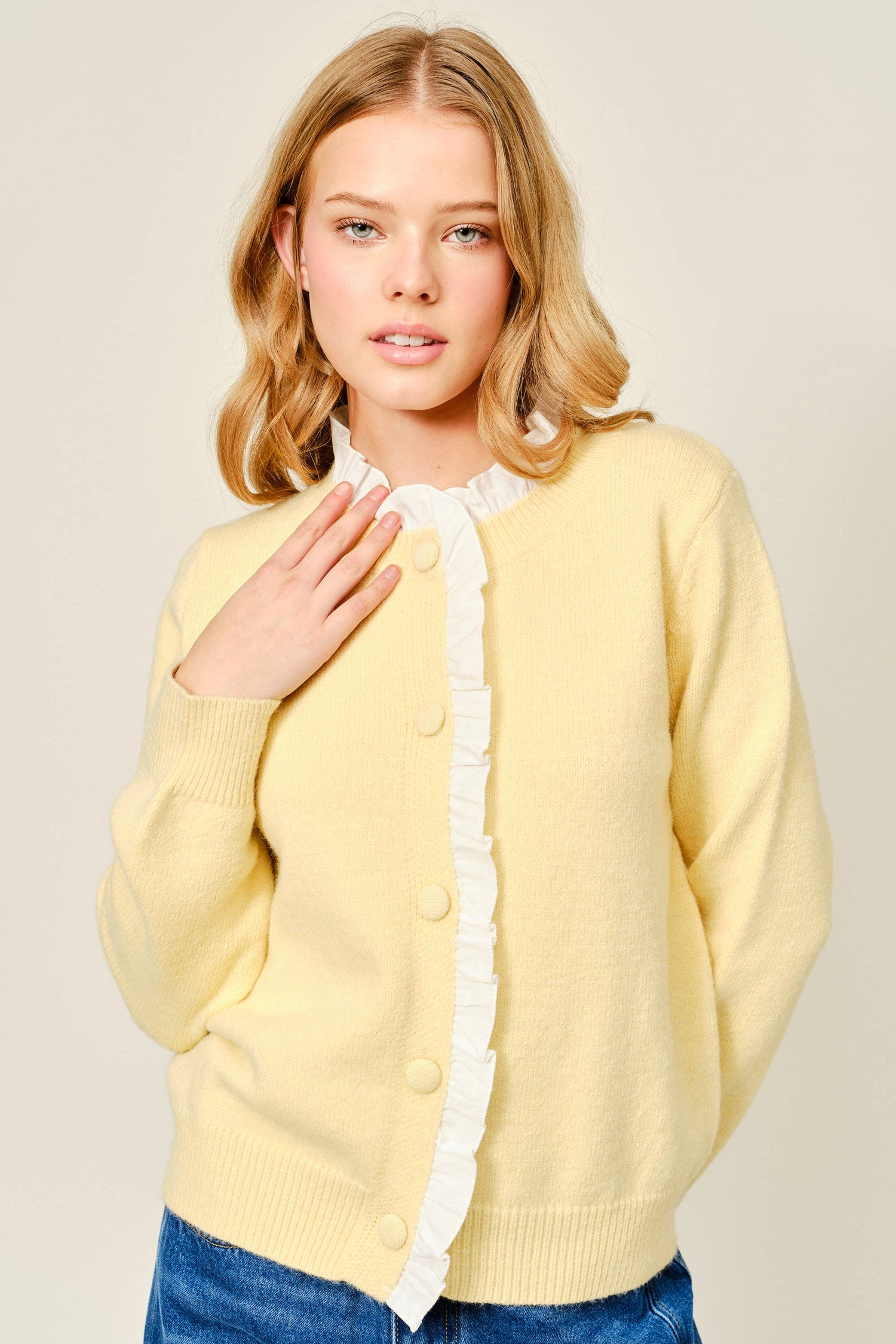 Contrast Ruffle Trim Knit Cardigan