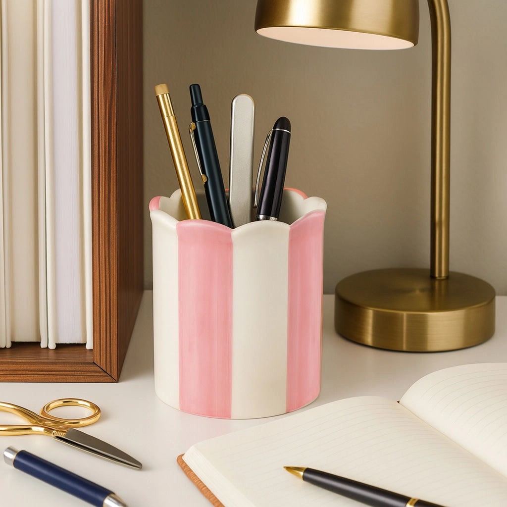Pencil Cup - Pink/Ivory Ceramic Decorative Striped