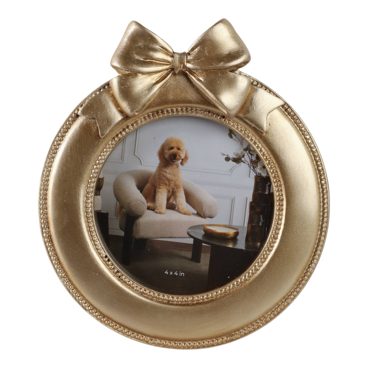 Round Gold Photo Frame with Bow Ribbon Detail - 4x4 Inch