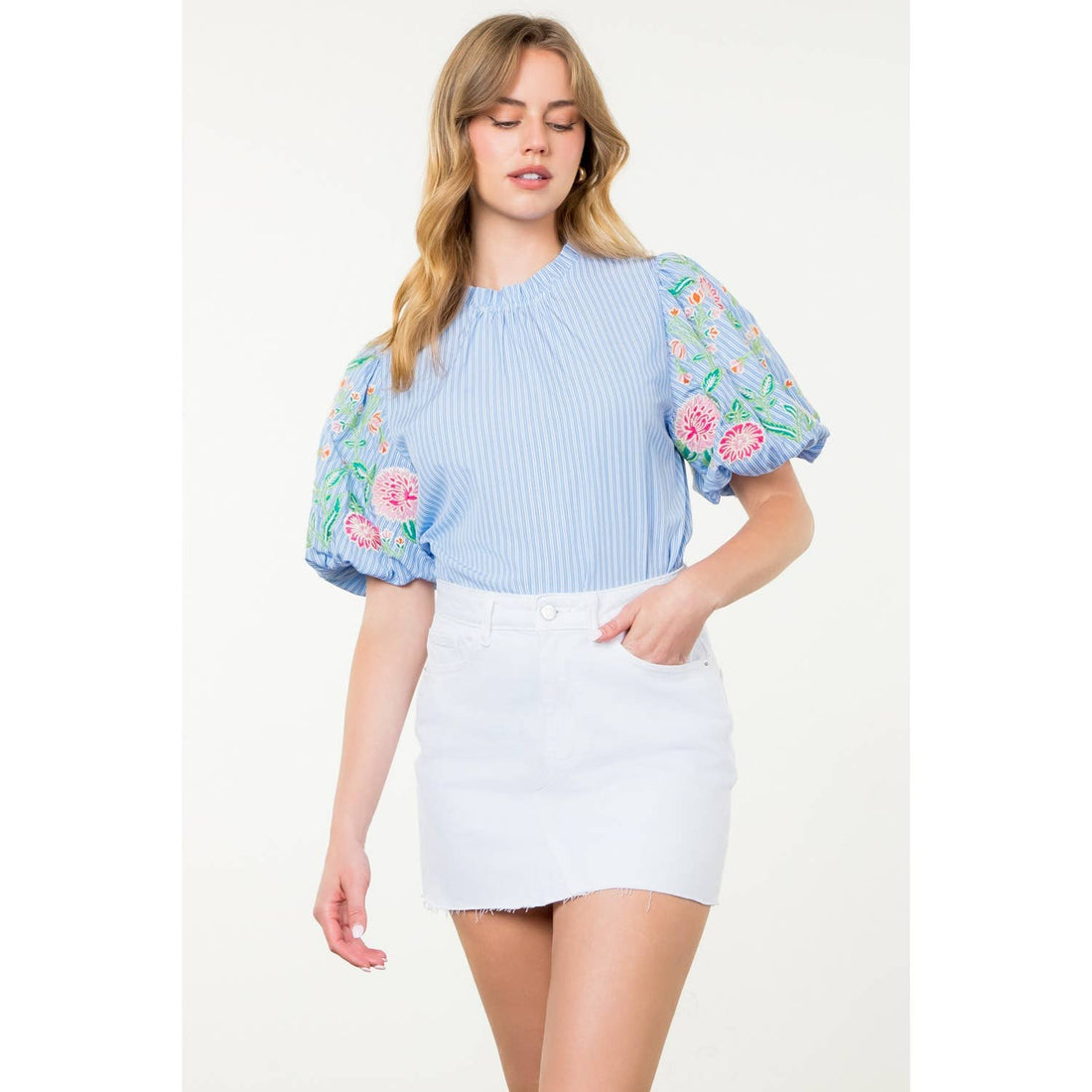 Embroidered Puff Sleeve Striped Top