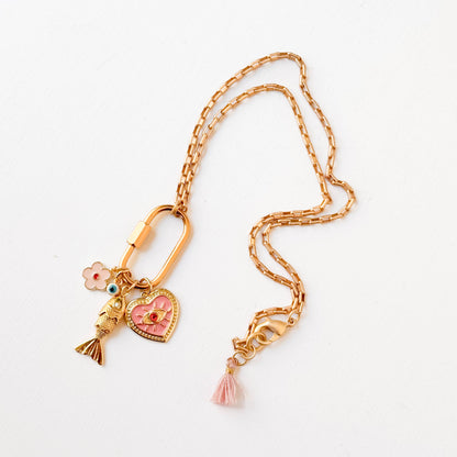 Gold Carabiner Charm Necklace with Fish &amp; Pink Heart Charms