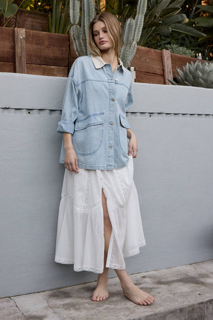 Contrast Collar Light Wash Denim Jacket