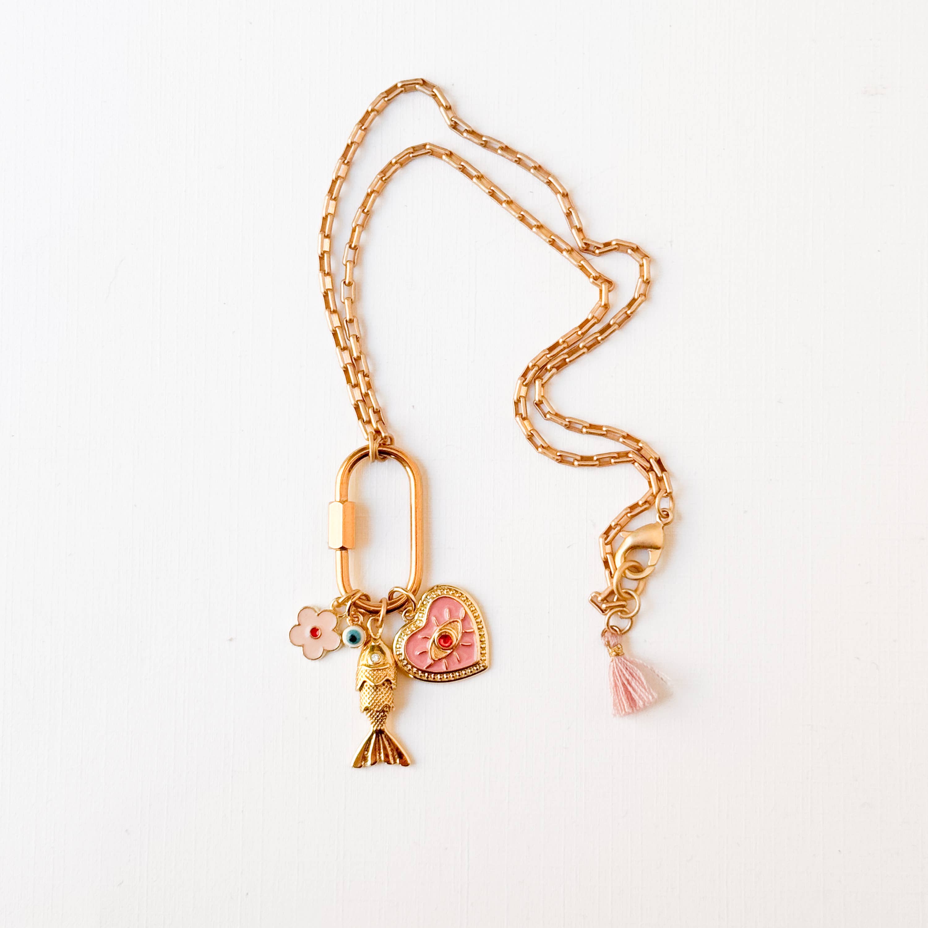 Gold Carabiner Charm Necklace with Fish &amp; Pink Heart Charms