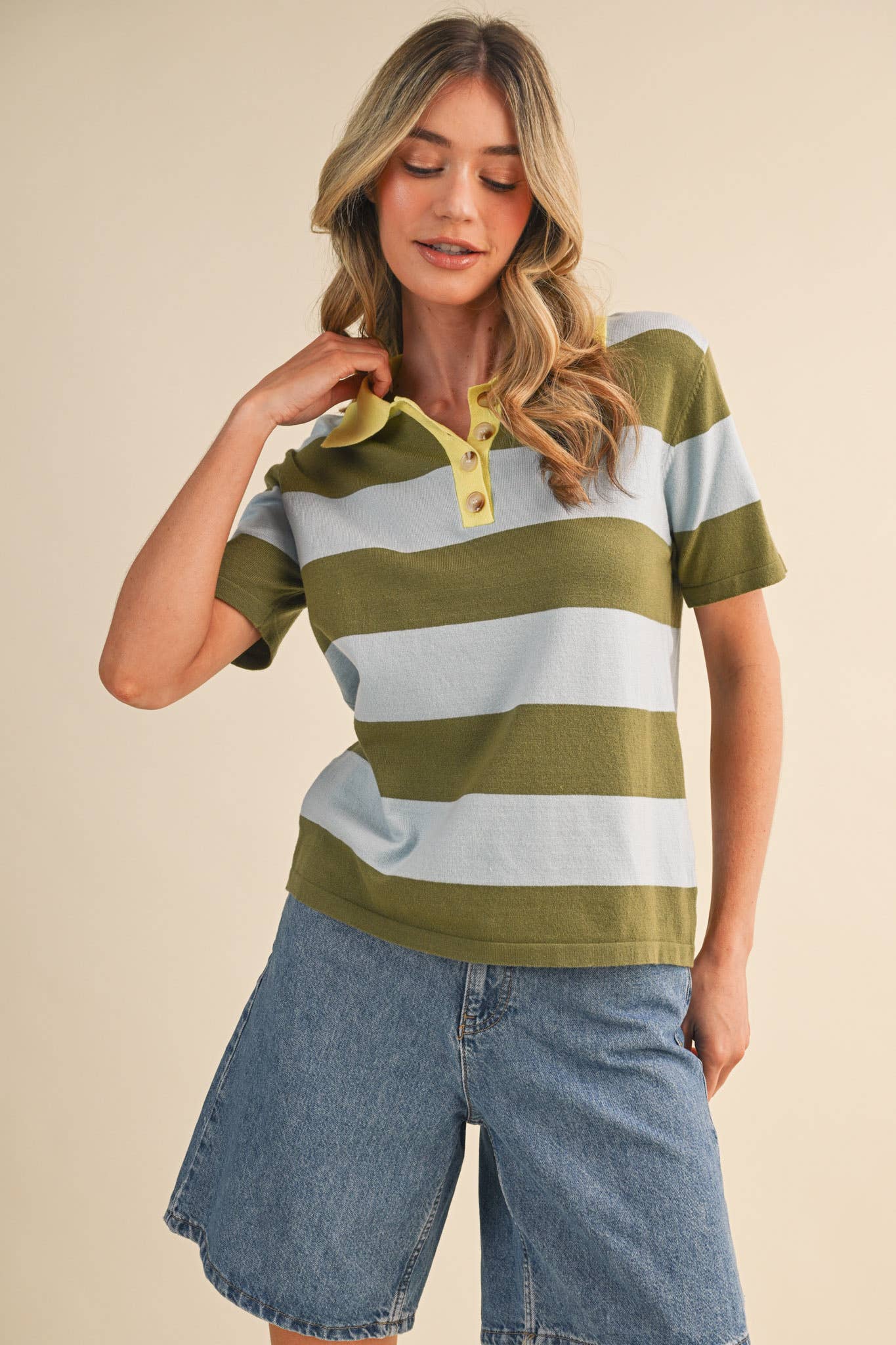 Striped Sweater Knit Short Sleeve Polo
