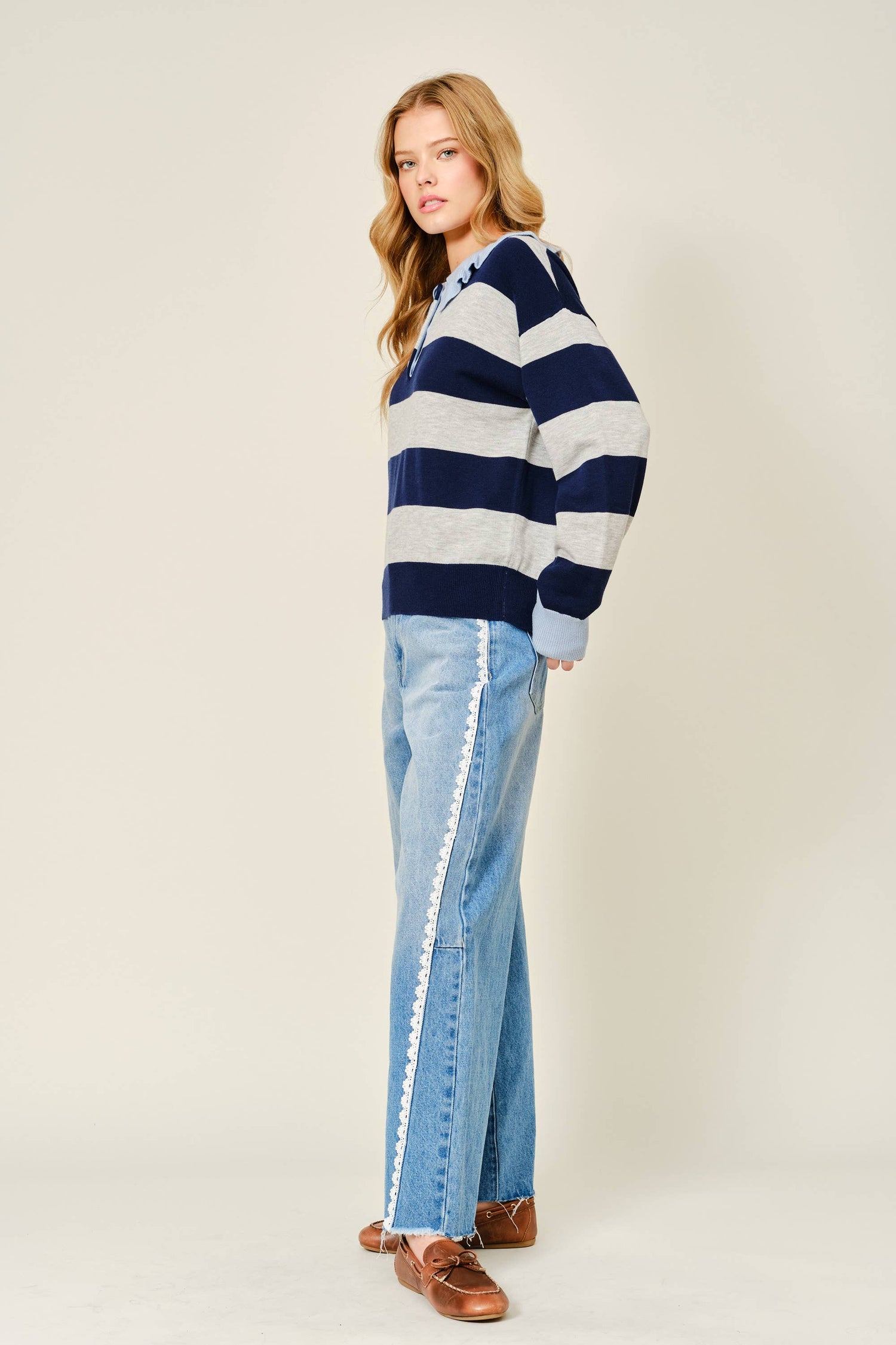 Striped Ruffle Collar Polo Style Sweater