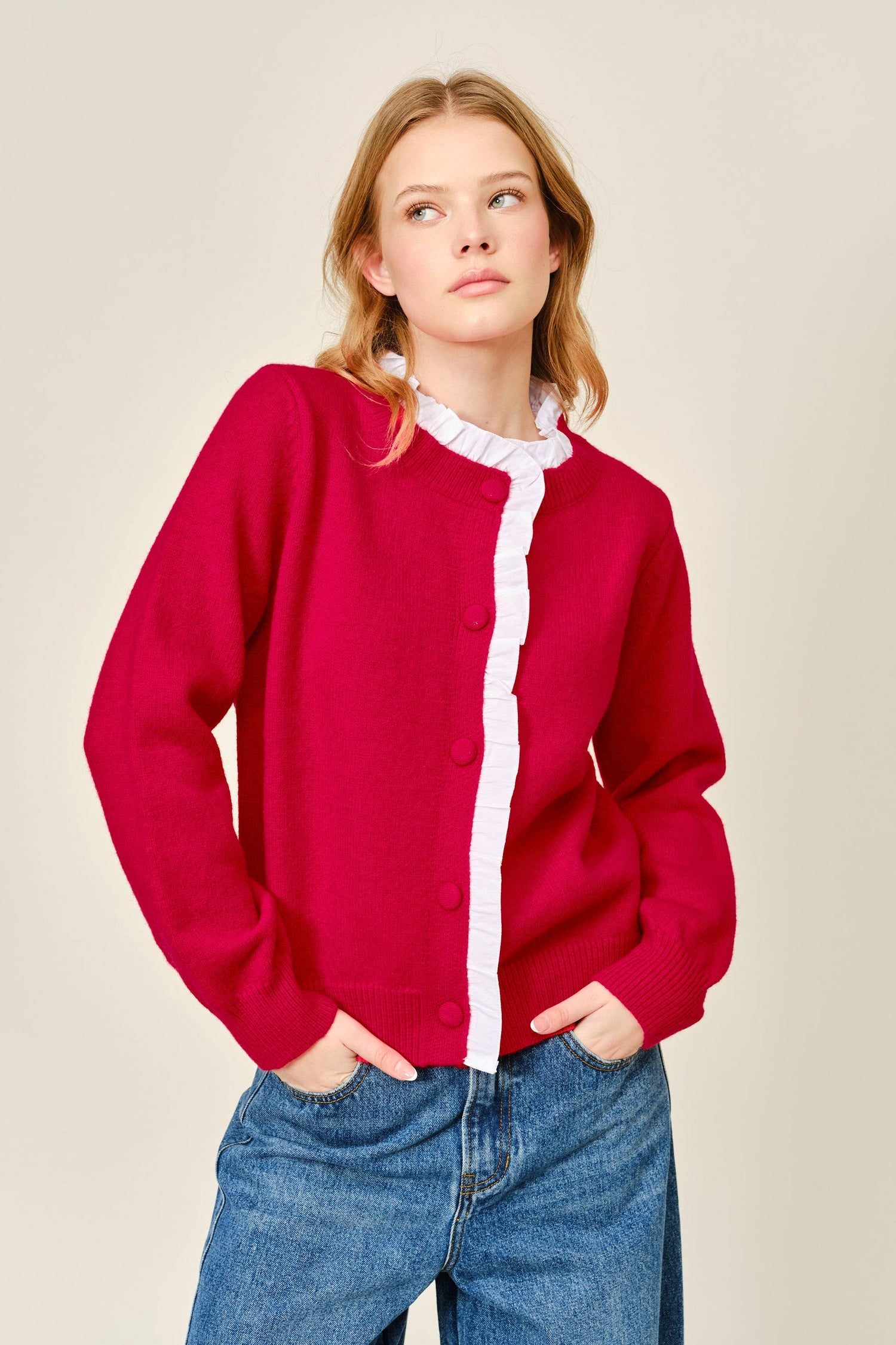 Contrast Ruffle Trim Knit Cardigan