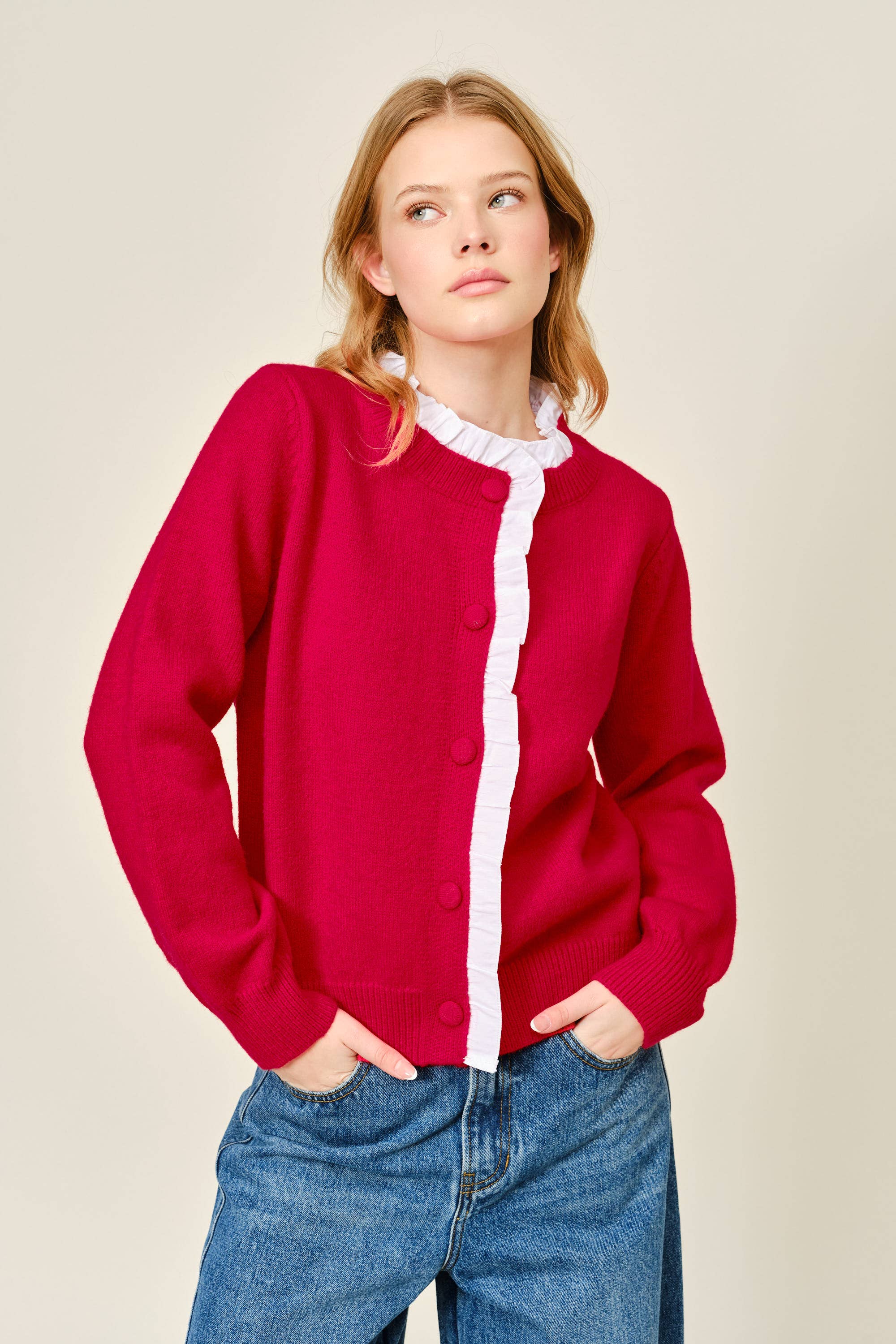 Contrast Ruffle Trim Knit Cardigan