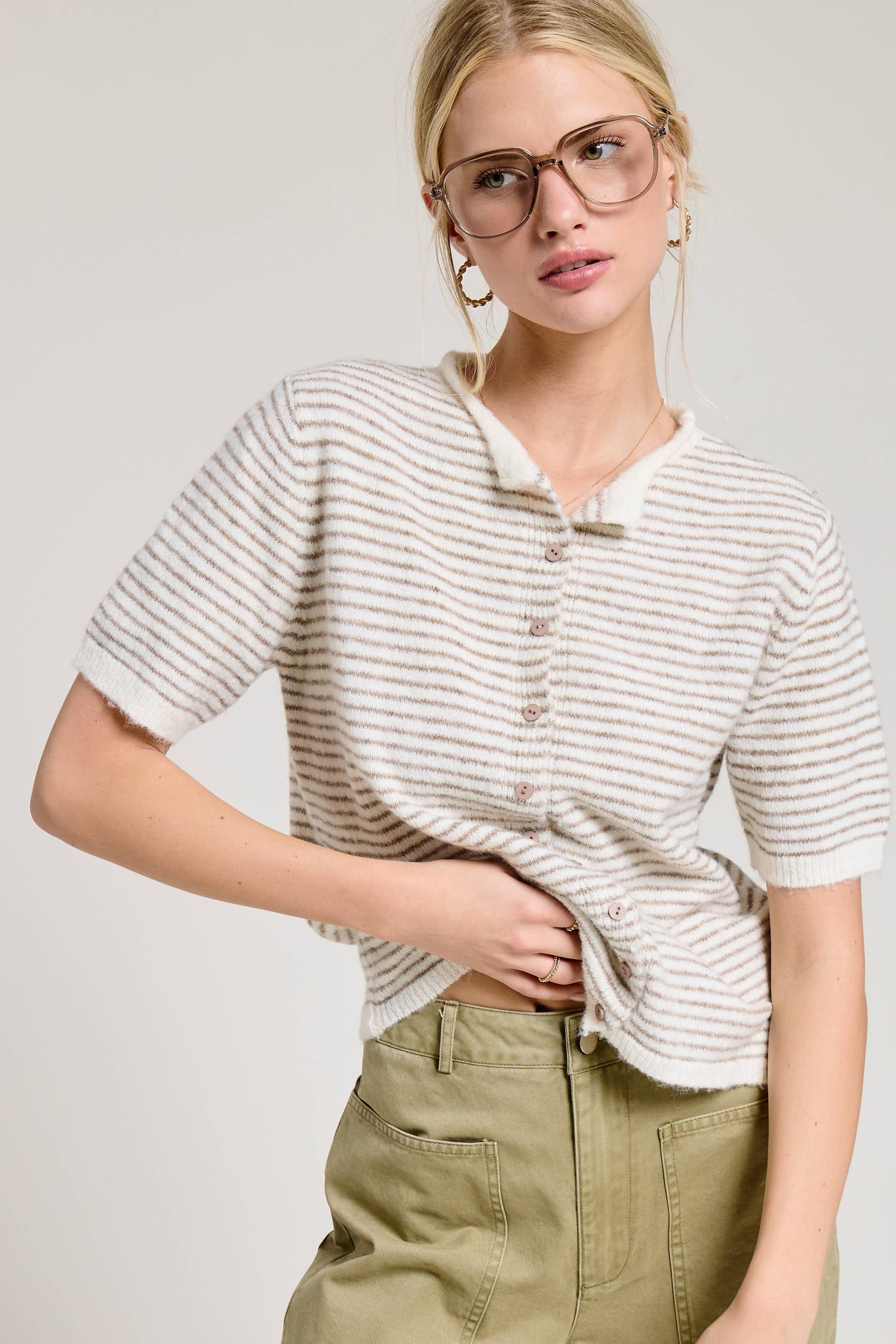 Striped Short Sleeve Button Cardigan