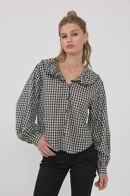 Gingham Ruffle Collar Button-Up Blouse