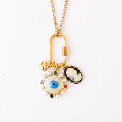 Evil Eye &amp; Cameo Charm Necklace with Gold Carabiner
