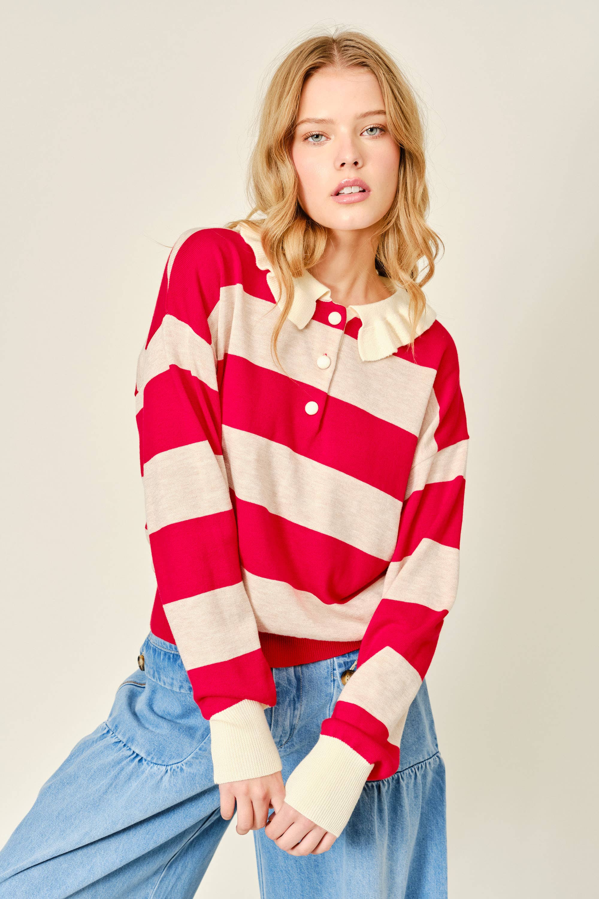 Striped Ruffle Collar Polo Style Sweater