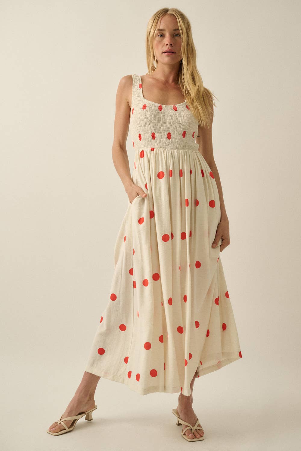 Polka Dot-Print Smocked Sleeveless Pocket Maxi Dress