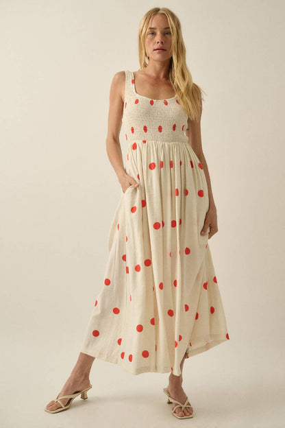 Polka Dot-Print Smocked Sleeveless Pocket Maxi Dress