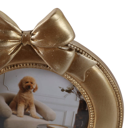 Round Gold Photo Frame with Bow Ribbon Detail - 4x4 Inch