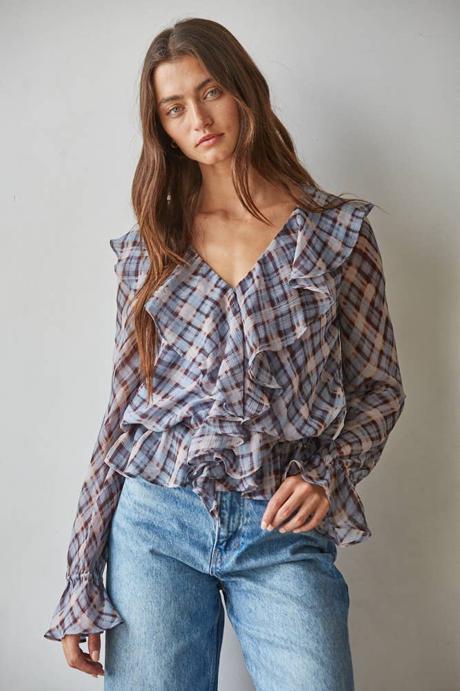 Woven Polyester Plunged V-Neck Ruffle Peplum Top