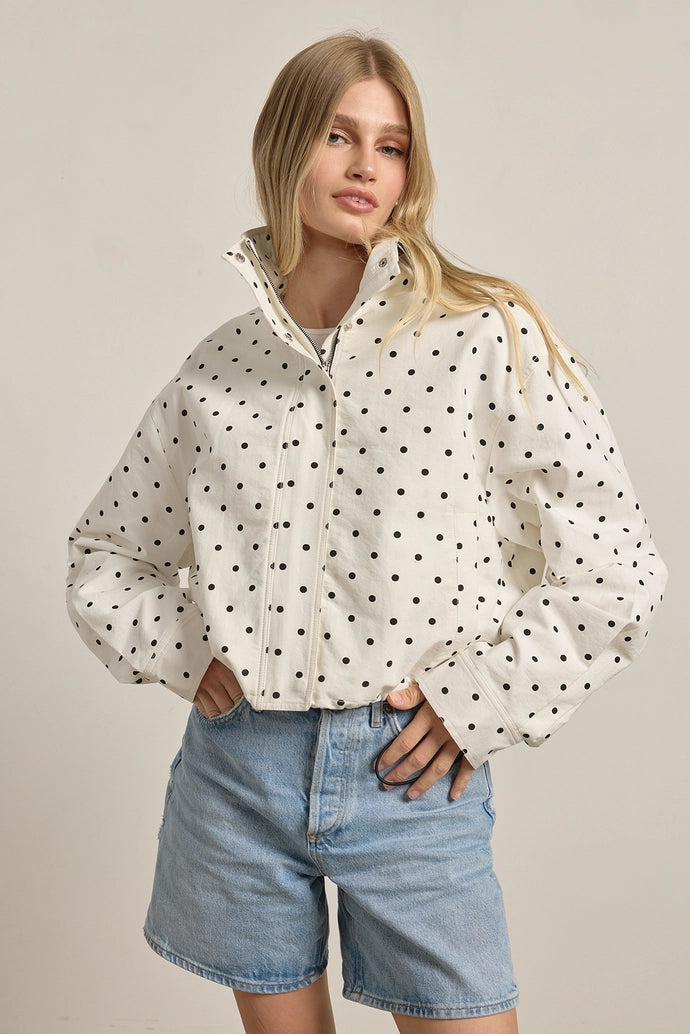 Polka Dot High Neck Drawstring Pullover Jacket