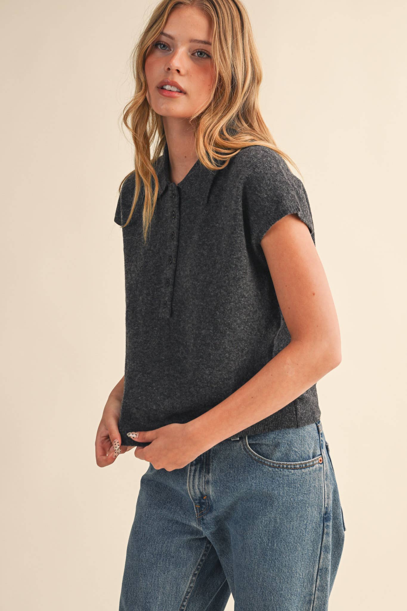 Cap Sleeve Collared Sweater Vest