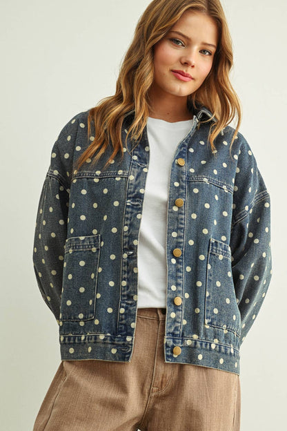 Polka Dot Button Front Denim Jacket