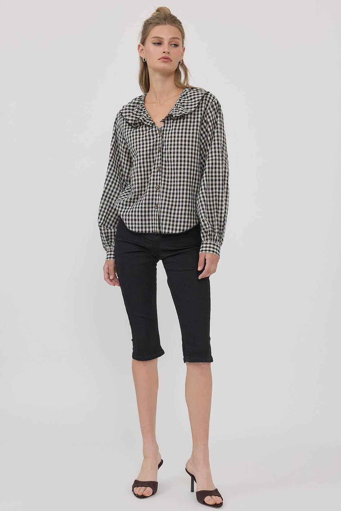 Gingham Ruffle Collar Button-Up Blouse