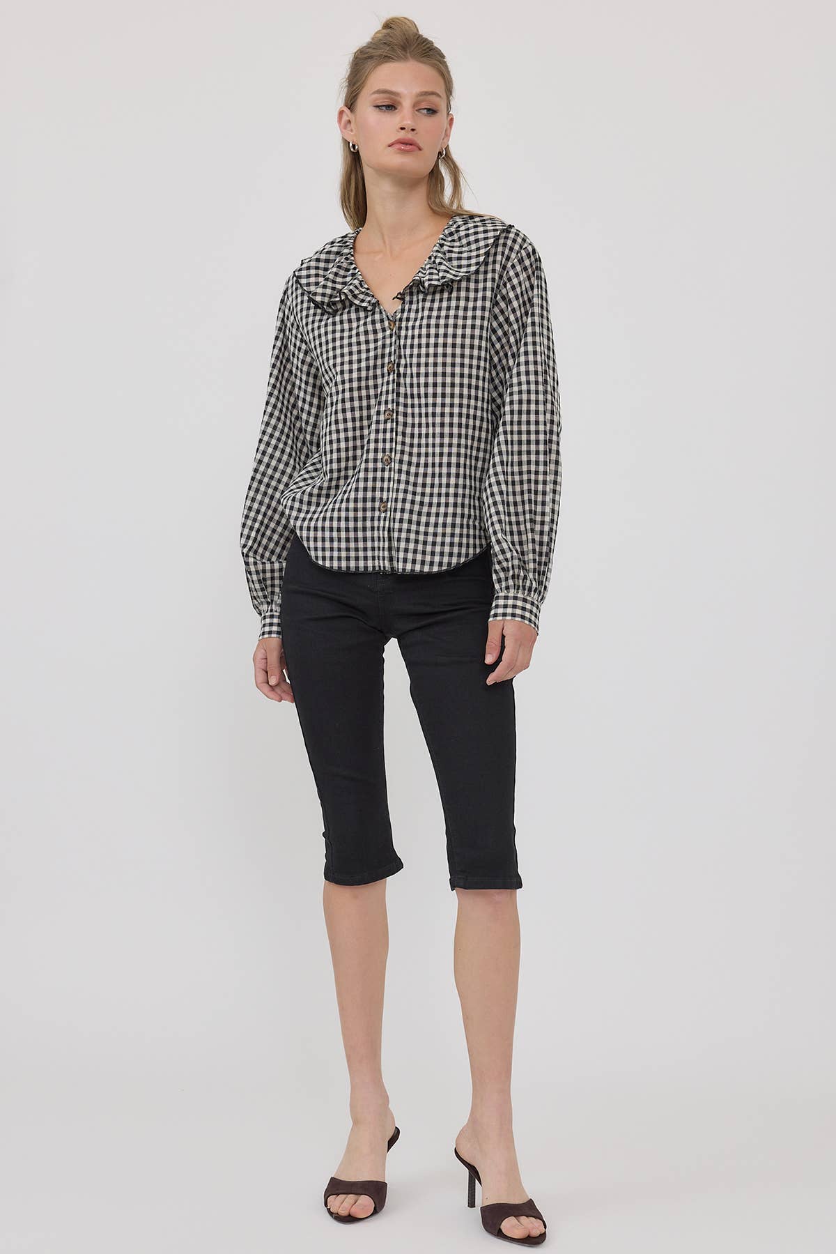 Gingham Ruffle Collar Button-Up Blouse