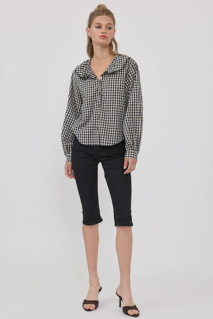 Gingham Ruffle Collar Button-Up Blouse