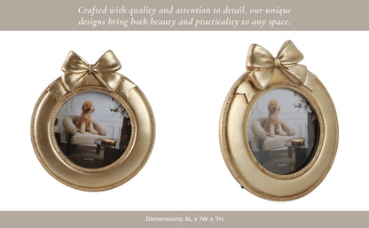 Round Gold Photo Frame with Bow Ribbon Detail - 4x4 Inch