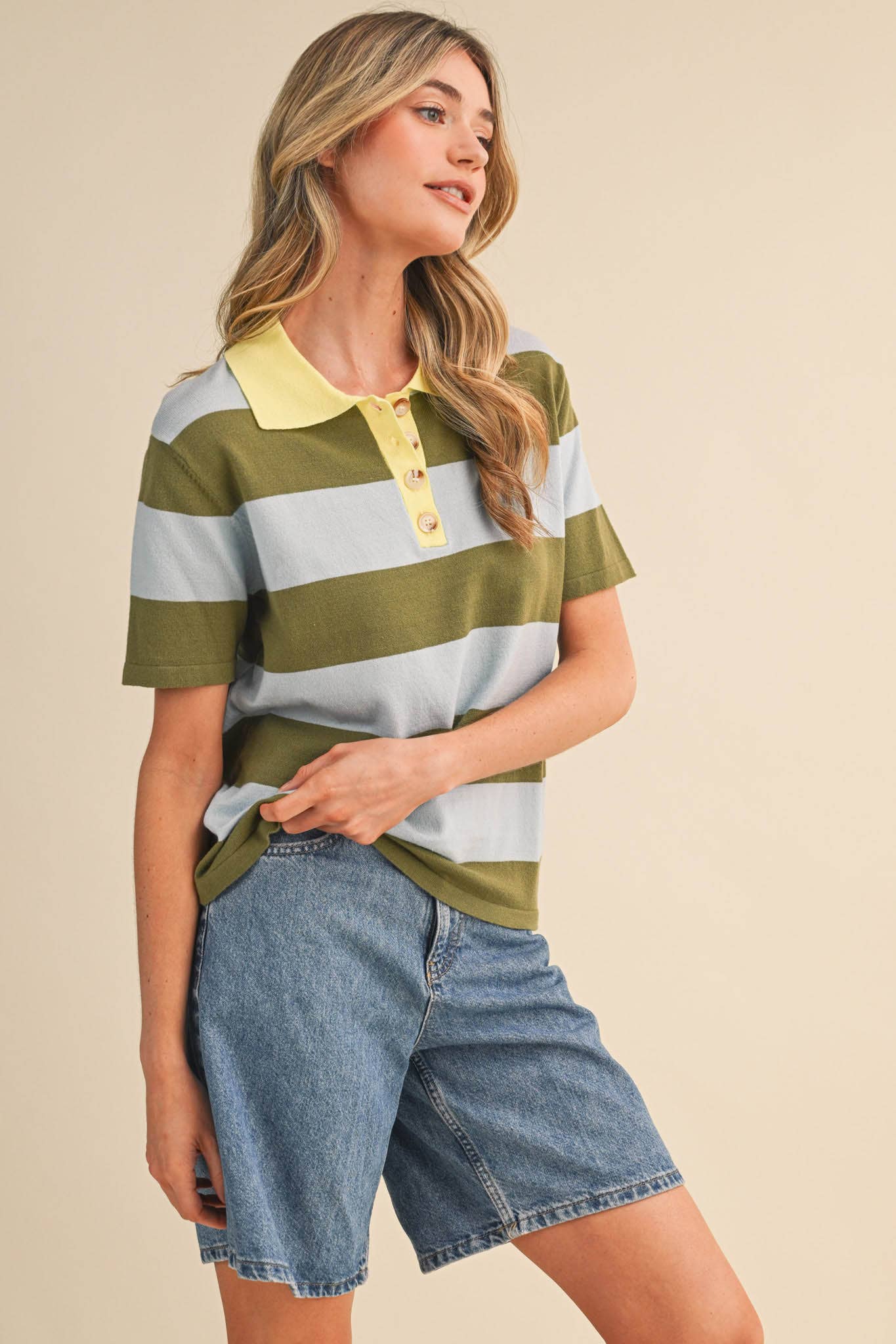 Striped Sweater Knit Short Sleeve Polo