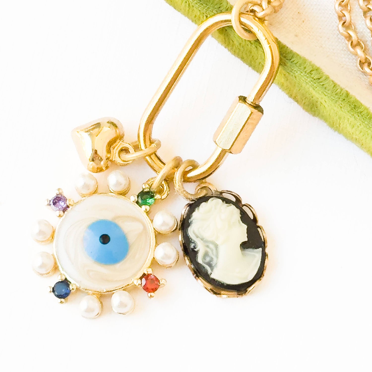 Evil Eye &amp; Cameo Charm Necklace with Gold Carabiner