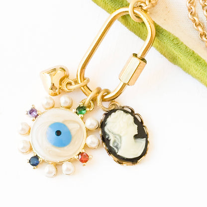 Evil Eye &amp; Cameo Charm Necklace with Gold Carabiner