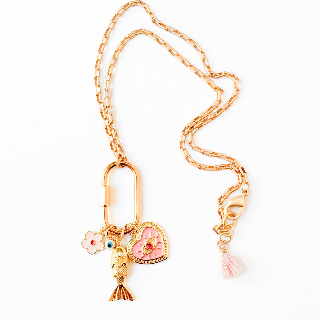 Gold Carabiner Charm Necklace with Fish &amp; Pink Heart Charms