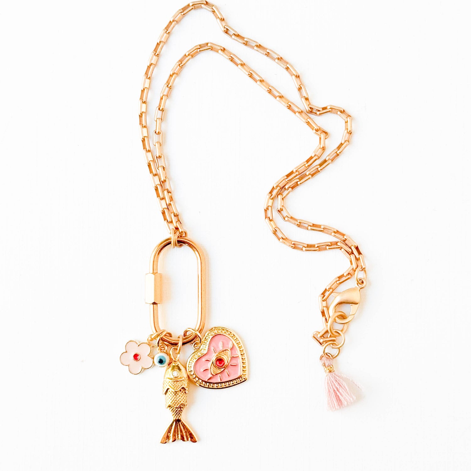 Gold Carabiner Charm Necklace with Fish &amp; Pink Heart Charms