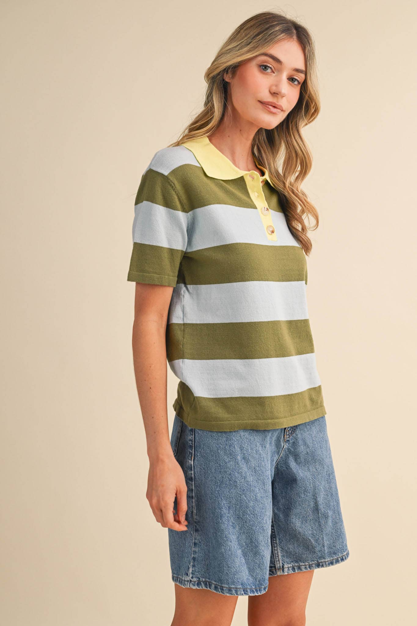 Striped Sweater Knit Short Sleeve Polo