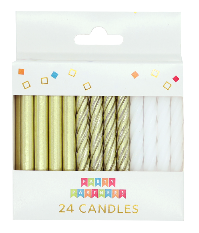 Gold Metallic &amp; White 24 Candles Set