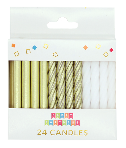 Gold Metallic &amp; White 24 Candles Set
