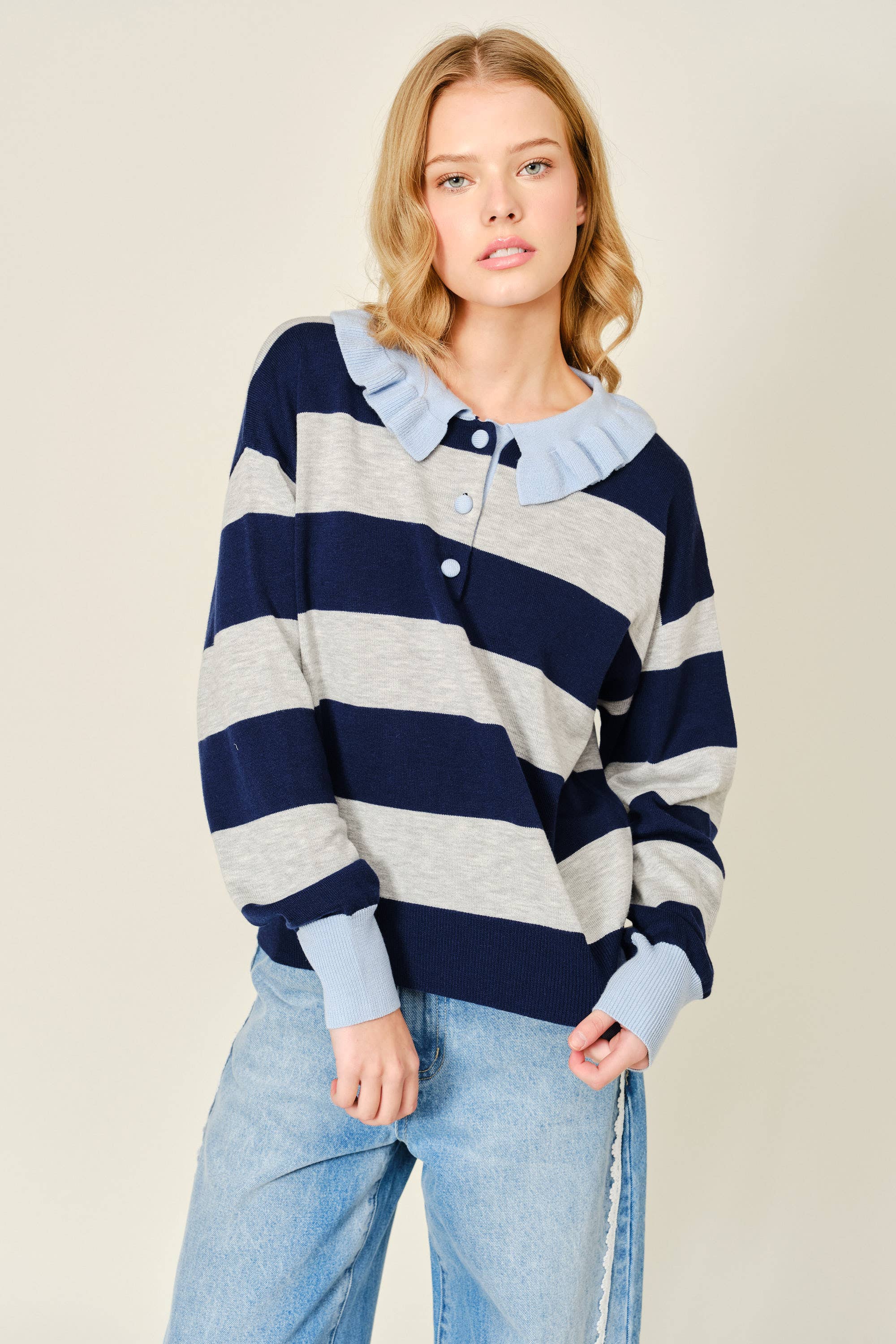 Striped Ruffle Collar Polo Style Sweater