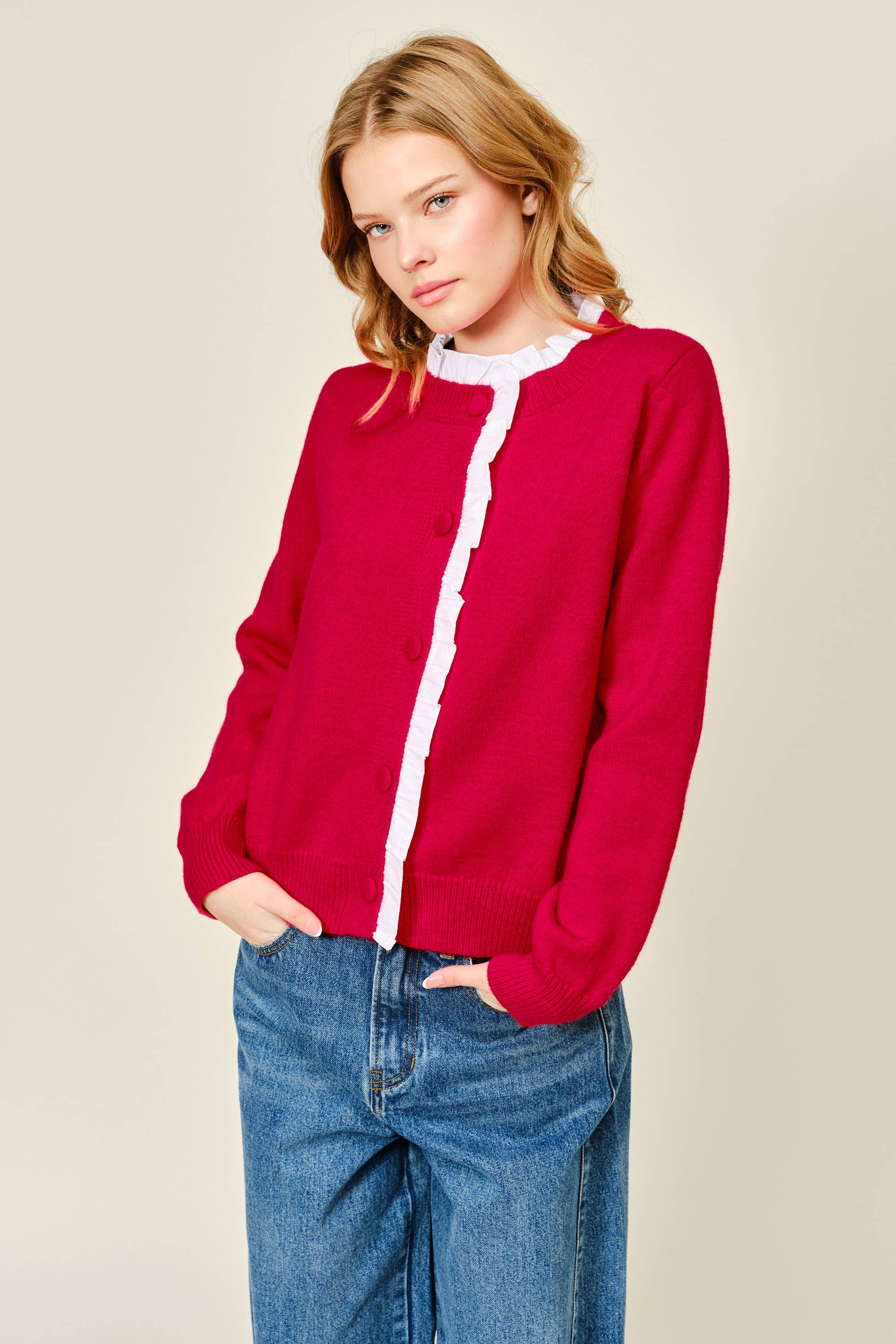 Contrast Ruffle Trim Knit Cardigan