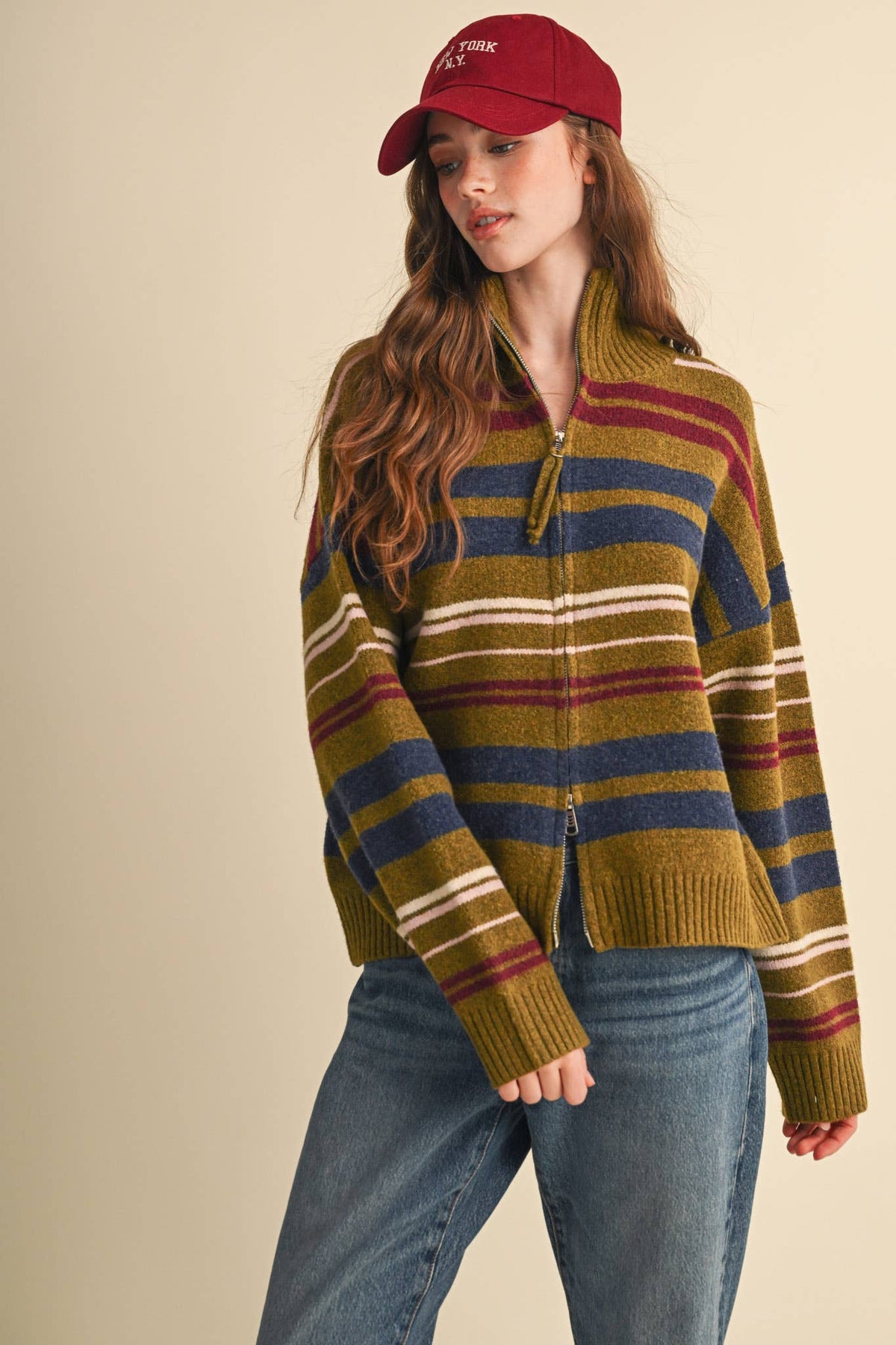 Avocado green multicolor striped mock neck sweater