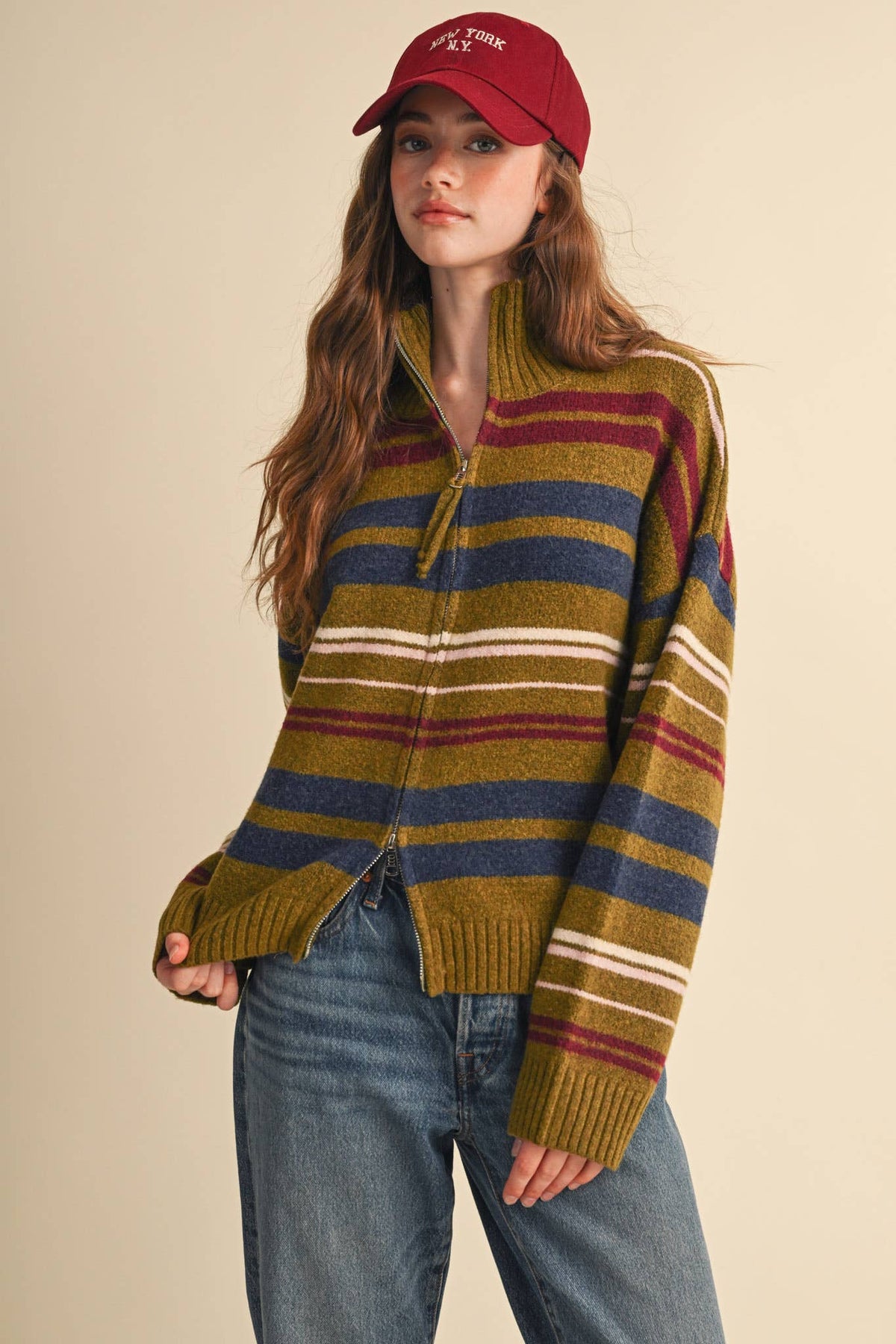 Avocado multi striped mock neck zip-up cardigan