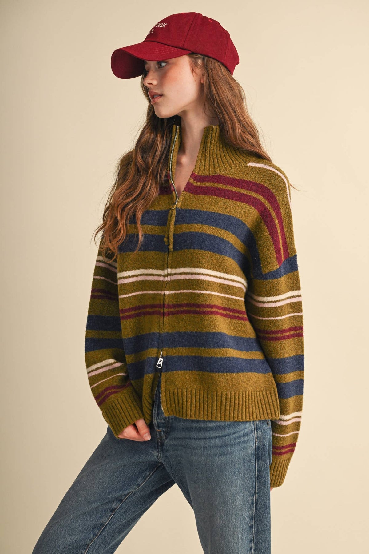 Avocado multi striped sweater with drop shoulders
