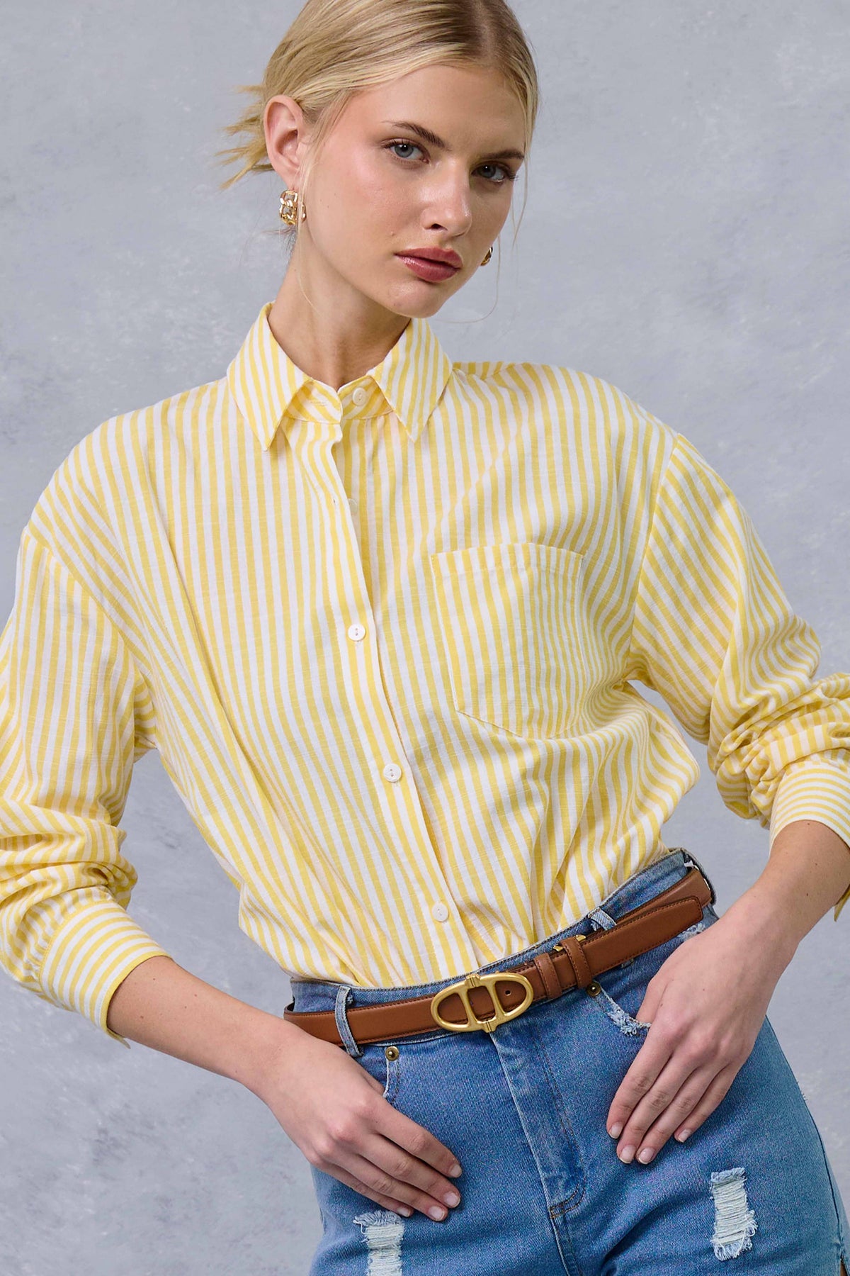 Banana striped button-down shirt with chest pocket