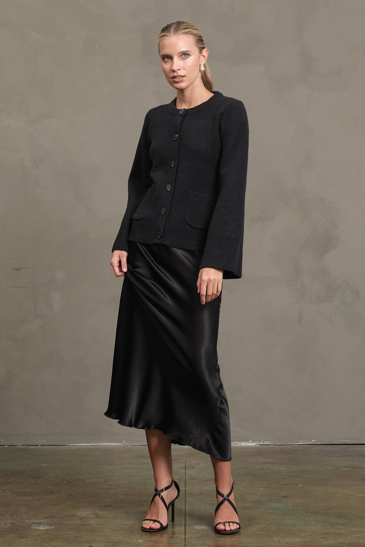 Black bell sleeve cardigan side view
