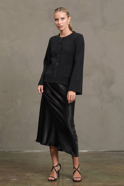 Black bell sleeve cardigan side view