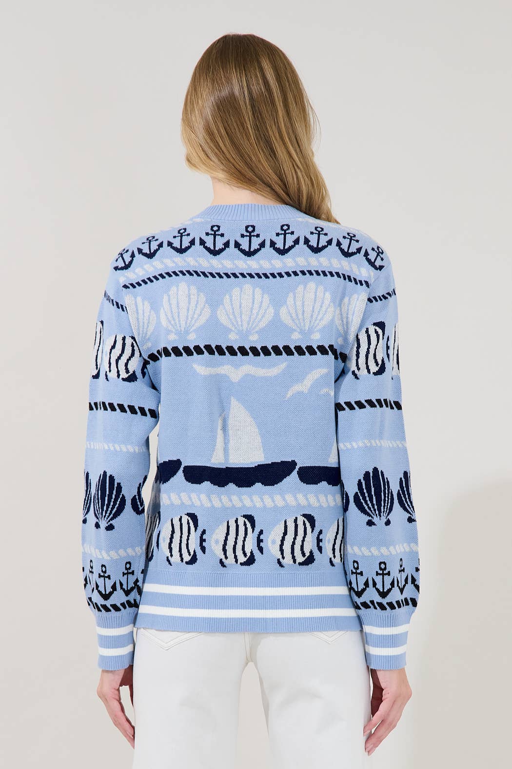 Blue and navy coastal cotton cardigan back view