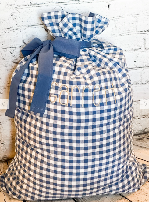 Blue gingham Santa gift bag for Christmas morning