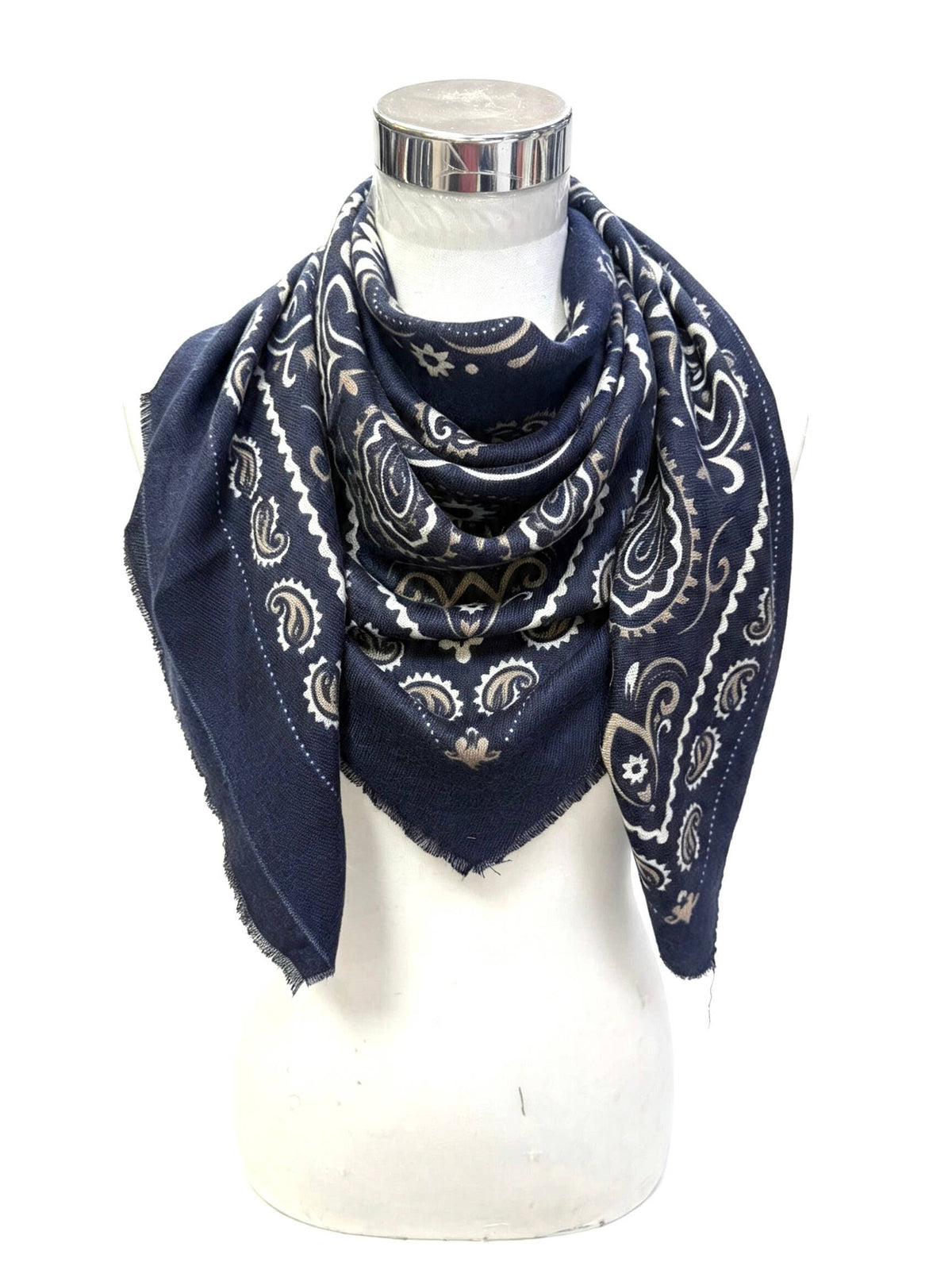 Blue paisley wool blend square scarf styled on model