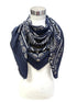 Blue paisley wool blend square scarf styled on model