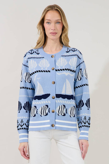 Blue sailboat cardigan with seashell and anchor print