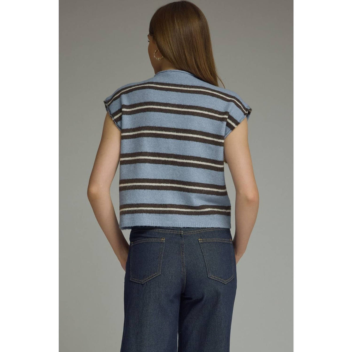 Blue striped cap sleeve top back view