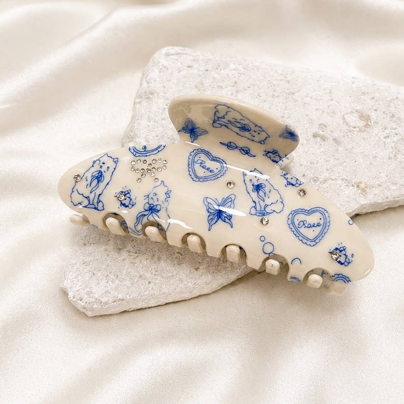 Blue toile rhinestone hair claw clip