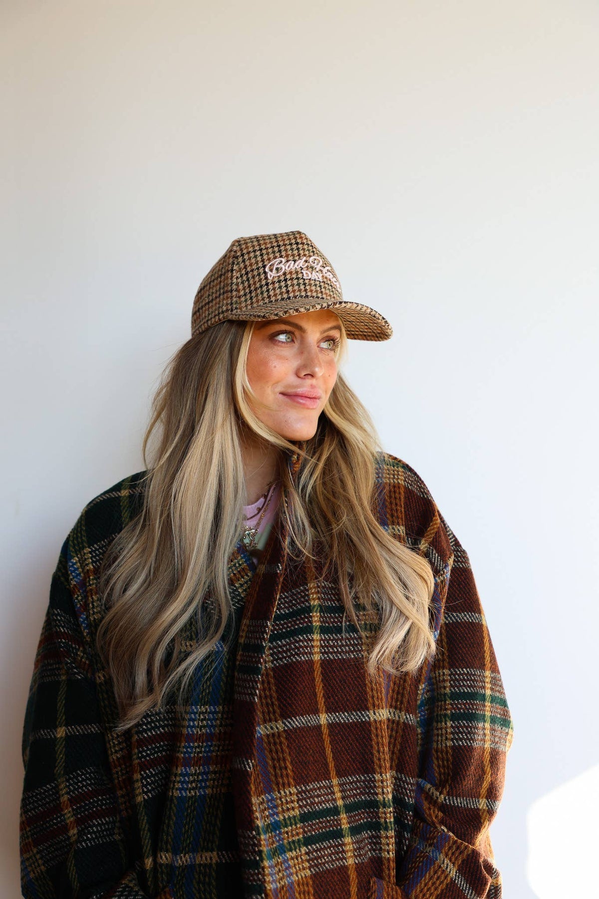 Brown and olive houndstooth Bad Hair Day hat